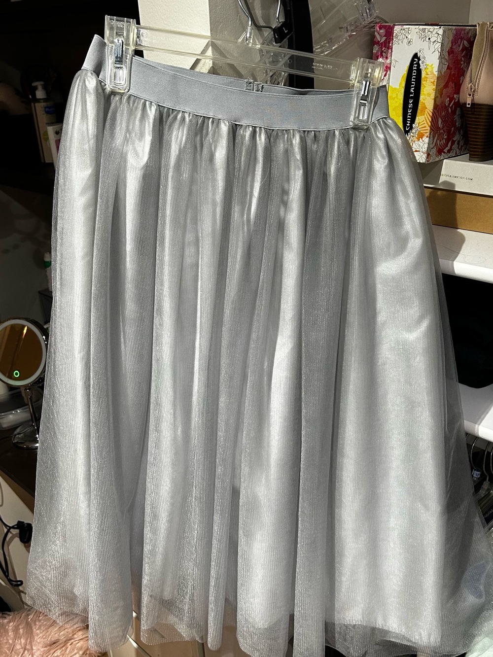 Amazon Silver Shimmer Tulle Midi Skirt